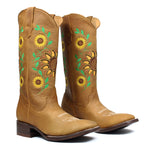 Women's Genuine Leather Western Cowgirl Boots Square Toe Botas 3D Sunflower