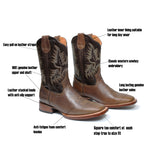 Men's Brown Genuine Leather Western Cowboy Boots Rodeo Square Toe Botas Vaqueras