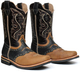 Men's Honey/Black Genuine Leather Western Cowboy Boots Rodeo Square Toe Botas Vaqueras