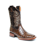 Men's Brown Leather Cowboy Boots Ostrich Print Faux Rodeo Square Toe Botas Vaqueras