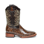 Men's Brown Leather Cowboy Boots Ostrich Print Faux Rodeo Square Toe Botas Vaqueras