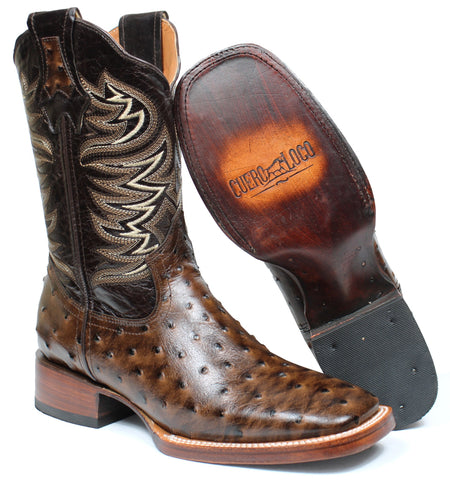 Men's Brown Leather Cowboy Boots Ostrich Print Faux Rodeo Square Toe Botas Vaqueras