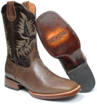 Men's Brown Genuine Leather Western Cowboy Boots Rodeo Square Toe Botas Vaqueras