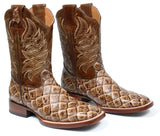 Men's Peanut Genuine Leather Cowboy Boots Pirarucu Fish Print Rodeo Square Toe