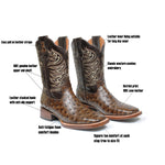 Men's Brown Leather Cowboy Boots Ostrich Print Faux Rodeo Square Toe Botas Vaqueras