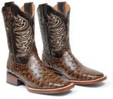 Men's Brown Leather Cowboy Boots Ostrich Print Faux Rodeo Square Toe Botas Vaqueras