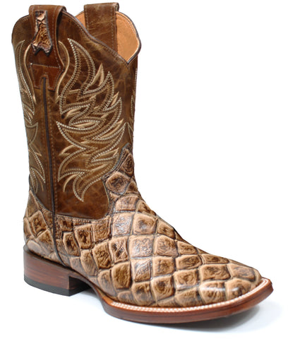 Men's Peanut Genuine Leather Cowboy Boots Pirarucu Fish Print Rodeo Square Toe