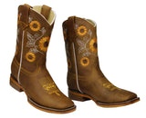 Women's 100% Genuine Leather Sunflower Western Cowgirl Boots Botas Girasol