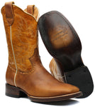 Men's Honey Genuine Leather Western Cowboy Boots Rodeo Square Toe Botas Vaqueras