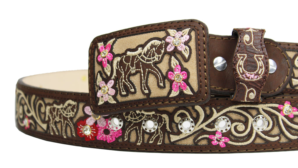 Cowgirl Belt 100% Genuine Leather Brown Sunflower Rhinestone Cinto