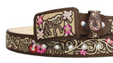 Cowgirl Belt 100% Genuine Leather Brown 3D Floral Rhinestone Cinto Vaquero Rodeo Belt