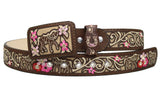 Cowgirl Belt 100% Genuine Leather Brown 3D Floral Rhinestone Cinto Vaquero Rodeo Belt