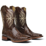 Men's Moka Genuine Leather Hand tooled Western Cowboy Boots Square Toe Botas Vaqueras