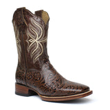 Men's Moka Genuine Leather Hand tooled Western Cowboy Boots Square Toe Botas Vaqueras