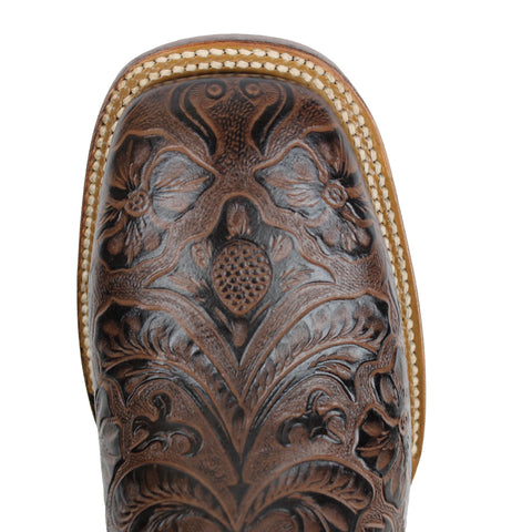 Men's Moka Genuine Leather Hand tooled Western Cowboy Boots Square