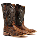 Men's Honey Leather Cowboy Boots Crocodile Print Faux Rodeo Square Toe Botas Vaqueras