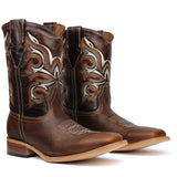 Men's Brown Genuine Leather Western Cowboy Boots Rodeo Square Toe Botas Vaqueras