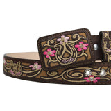 Cowgirl Belt 100% Genuine Leather 3D Horseshoe Floral Rhinestone Cinto Vaquero Rodeo Belt