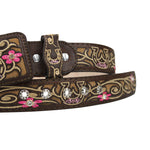 Cowgirl Belt 100% Genuine Leather 3D Horseshoe Floral Rhinestone Cinto Vaquero Rodeo Belt