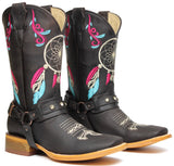 Women's Brown Genuine Leather Western Cowgirl Boots Dream Catcher Botas Vaqueras