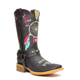 Women's Brown Genuine Leather Western Cowgirl Boots Dream Catcher Botas Vaqueras