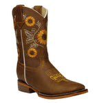 Kids Little Girl Sunflower 100% Leather Western Cowgirl Boots Botas Girasol