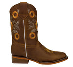 Kids Little Girl Sunflower 100% Leather Western Cowgirl Boots Botas Girasol