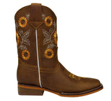 Kids Little Girl Sunflower 100% Leather Western Cowgirl Boots Botas Girasol