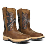 Men's Honey Genuine Leather Camo Cowboy Work Boots Double Density Sole Square Toe Boots