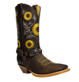 Brown Sunflower Genuine Leather Western Cowgirl Boots Square Toe Botas Vaqueras