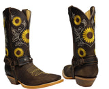 Brown Sunflower Genuine Leather Western Cowgirl Boots Square Toe Botas Vaqueras