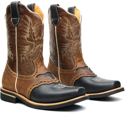 Men's Brown Genuine Leather Western Cowboy Boots Rodeo Square Toe Botas Vaqueras