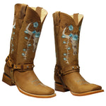 Women's Genuine Leather Western Cowgirl Boots Longhorn Square Toe Botas Vaqueras