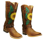 Sunflower Genuine Leather Western Cowgirl Boots Square Toe Botas Vaqueras