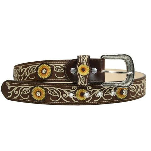 Cowgirl Belt 100% Genuine Leather Brown Sunflower Rhinestone Cinto Vaquero Rodeo Belt