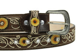 Cowgirl Belt 100% Genuine Leather Brown Sunflower Rhinestone Cinto Vaquero Rodeo Belt